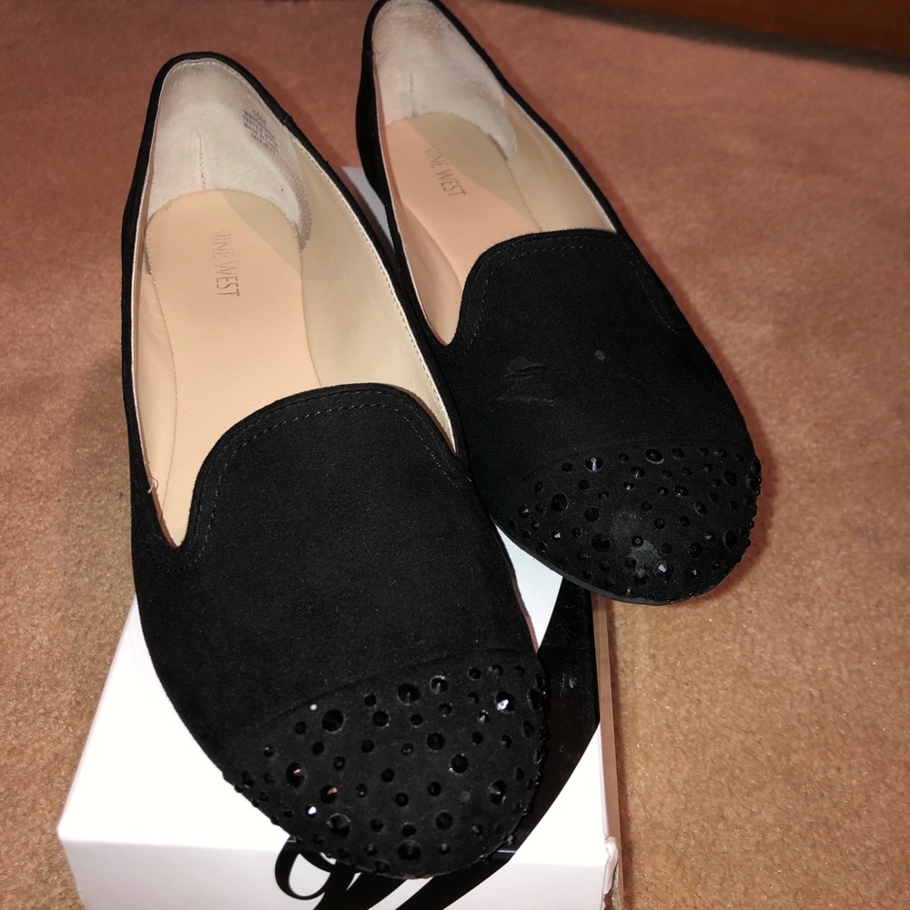 nine West black suede diamond flats loafers